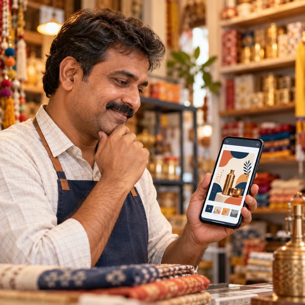 AI-generated illustrative small business owner using a phone