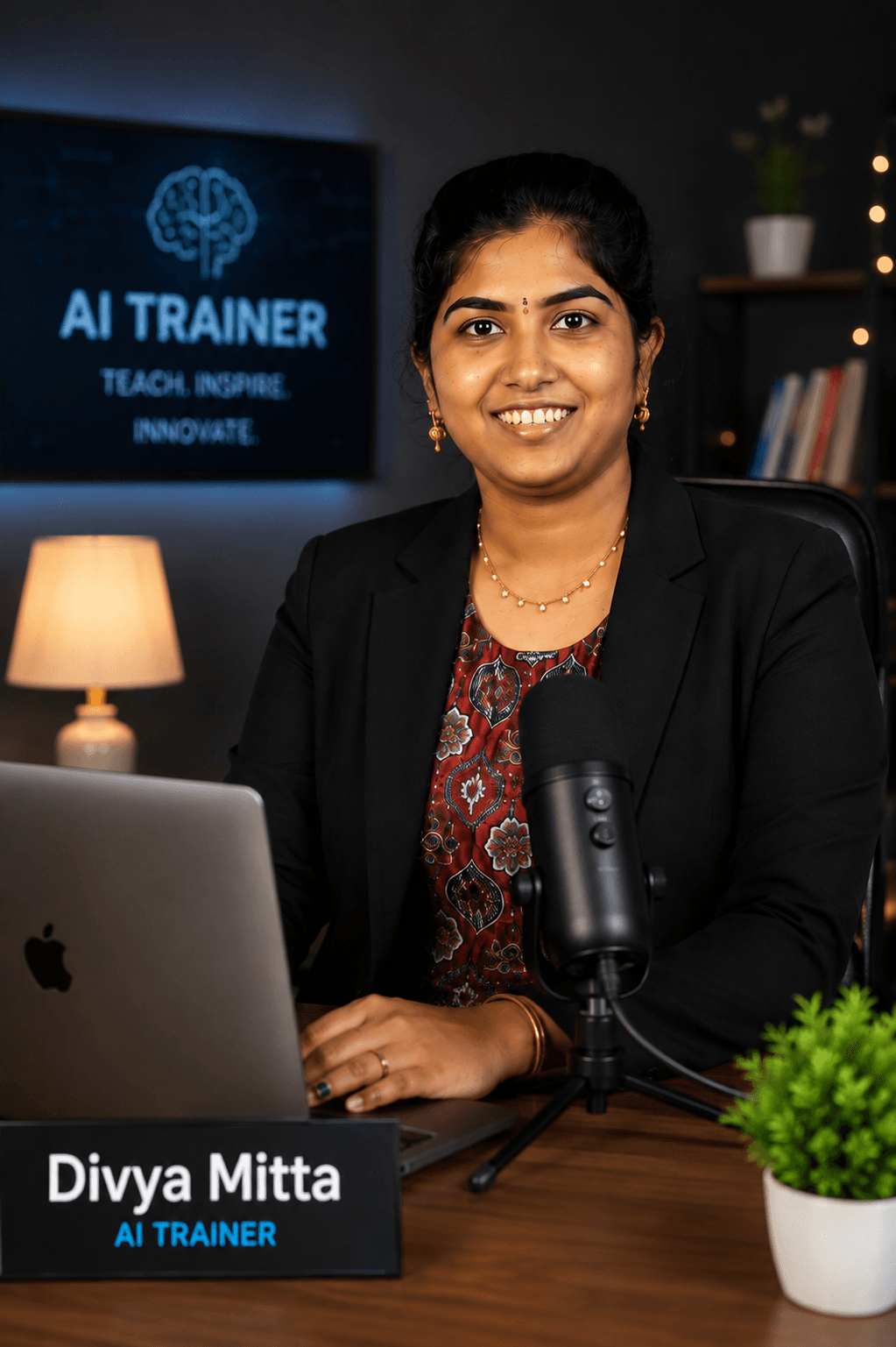 Client-supplied Divya Mitta AI trainer portrait, seated at a desk